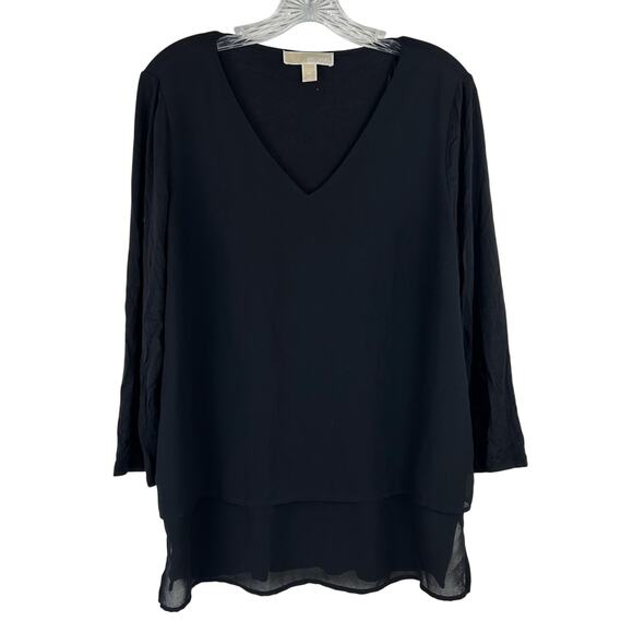 Michael Michael Kors Black Tunic Top Chiffon Layered V-Neck 3/4 Sleeve Size M - Picture 1 of 8